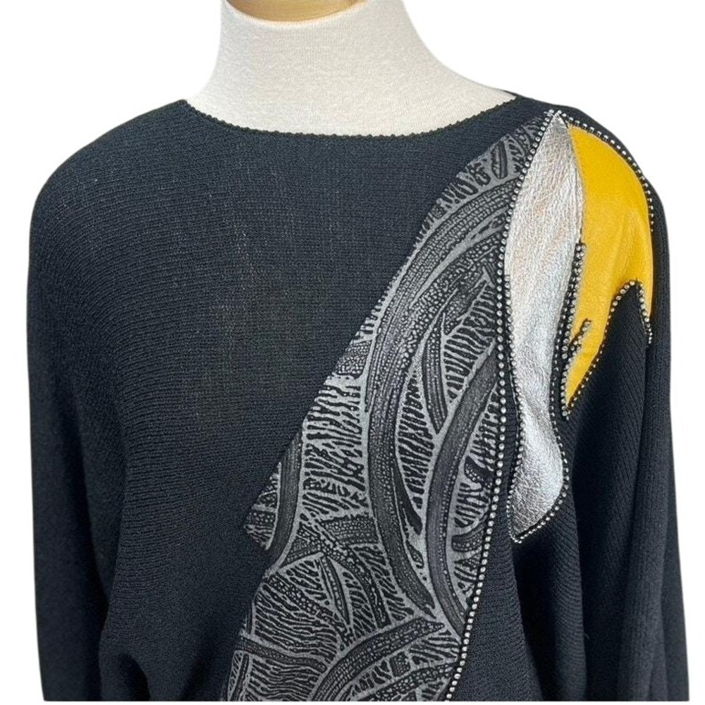 Vintage 80s Womens (L) Black‎ Knit Batwing Sweater Leather Applique Mobwife - Picture 5 of 7